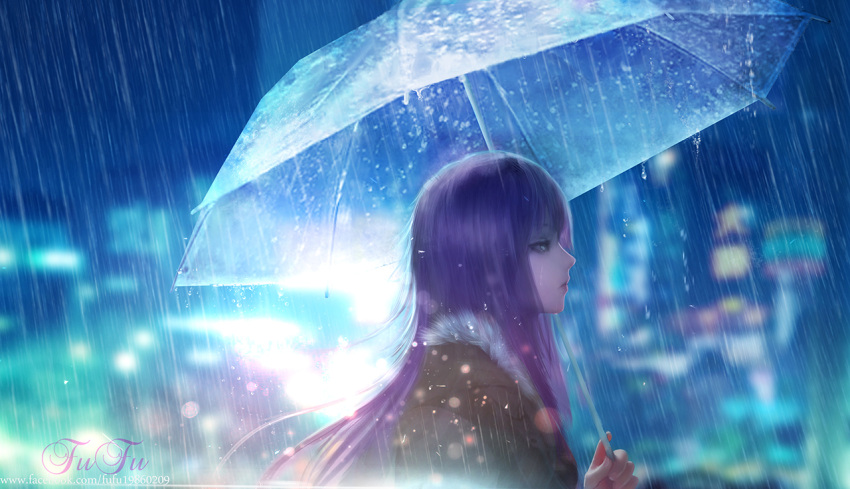 1girl, artist_name, blurry, city_lights, coat, commentary_request, depth_of_field, expressionless