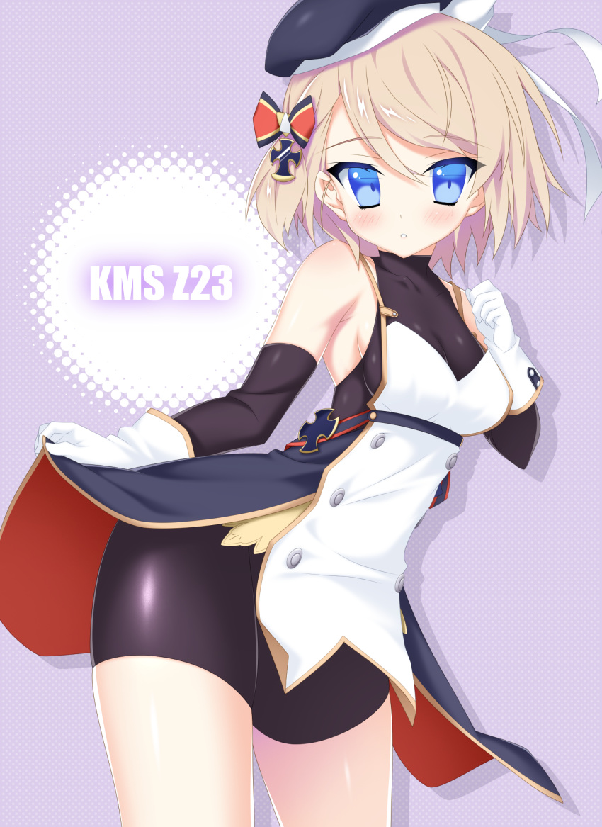 1girl, :o, azur_lane, bangs, bare_shoulders, beret, bike_shorts, black_dress