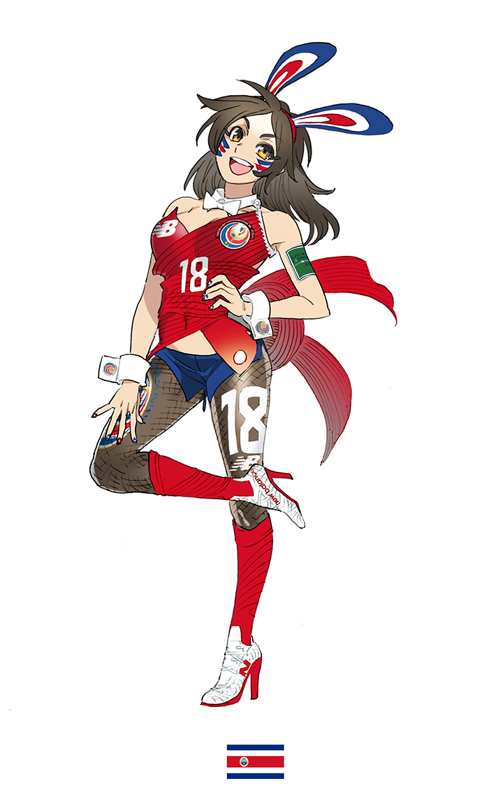 1girl, 2018_fifa_world_cup, :d, armband, black_hair, black_legwear, breasts, brown_eyes