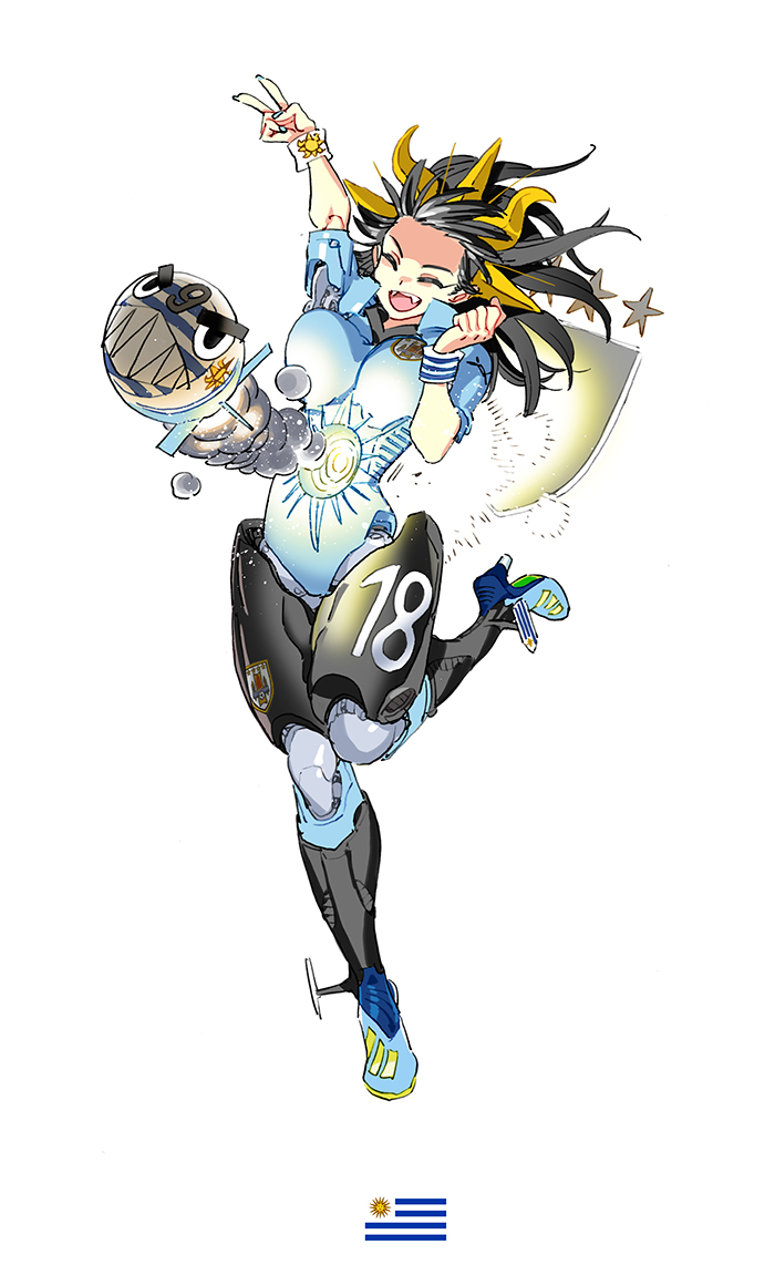 1girl, 2018_fifa_world_cup, :d, black_hair, blue_footwear, blue_nails, closed_eyes, daibajoujisan