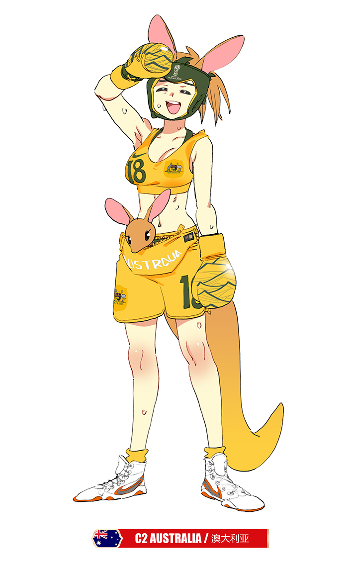 1girl, 2018_fifa_world_cup, :d, australian_flag, boxing_gloves, brown_hair, closed_eyes, daibajoujisan