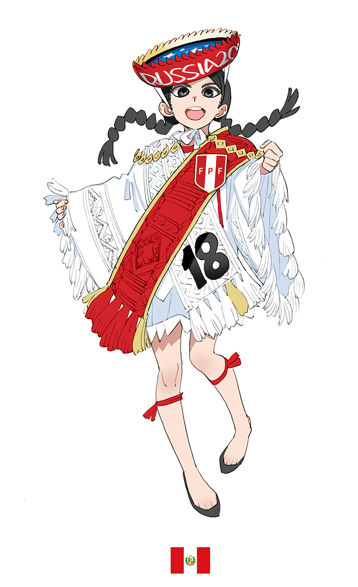 1girl, 2018_fifa_world_cup, :d, black_footwear, black_hair, braid, daibajoujisan, dress