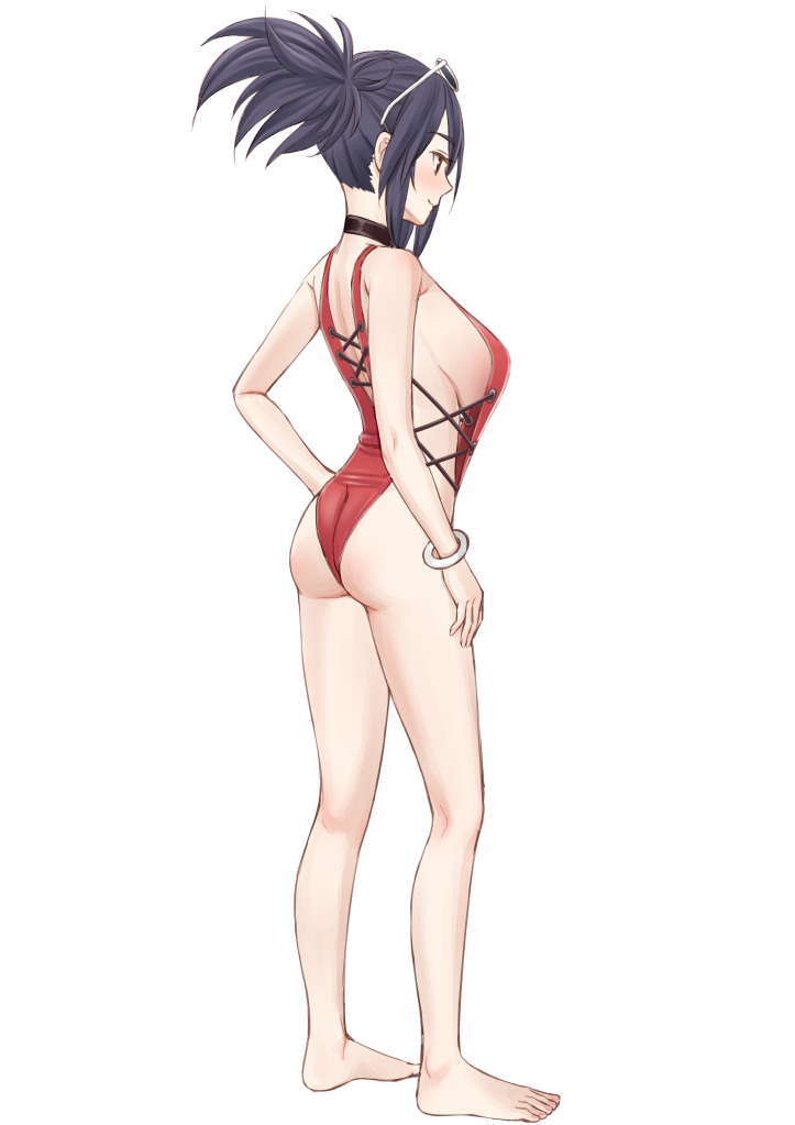 1girl, ass, barefoot, black_hair, bracelet, breasts, brown_eyes, casual_one-piece_swimsuit, easy_(aqk7bdqt), eyewear_on_head, fujibayashi_shiina, full_body, jewelry, large_breasts, long_hair, one-piece_swimsuit, ponytail, red_swimsuit, sideboob, simple_background, solo, standing, sunglasses, swimsuit, tales_of_(series), tales_of_symphonia, white_background