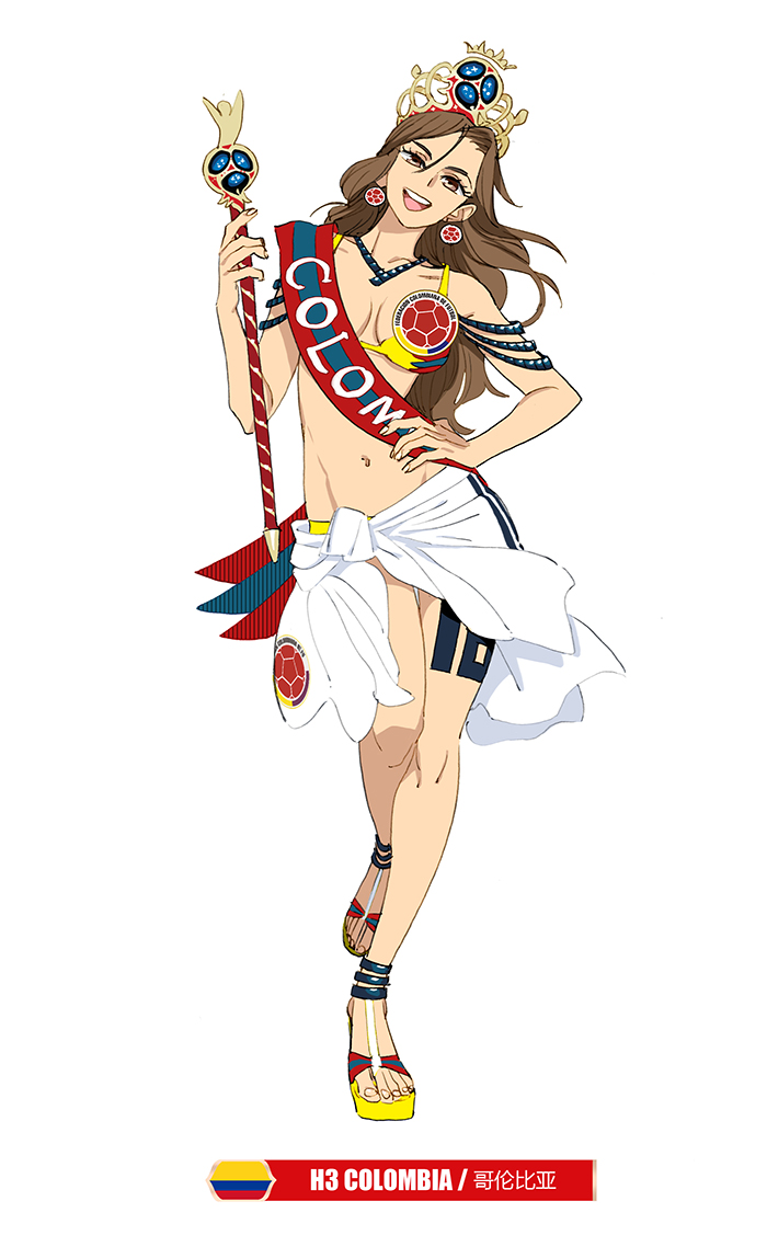 1girl, 2018_fifa_world_cup, :d, bare_shoulders, bikini, breasts, brown_eyes, brown_hair