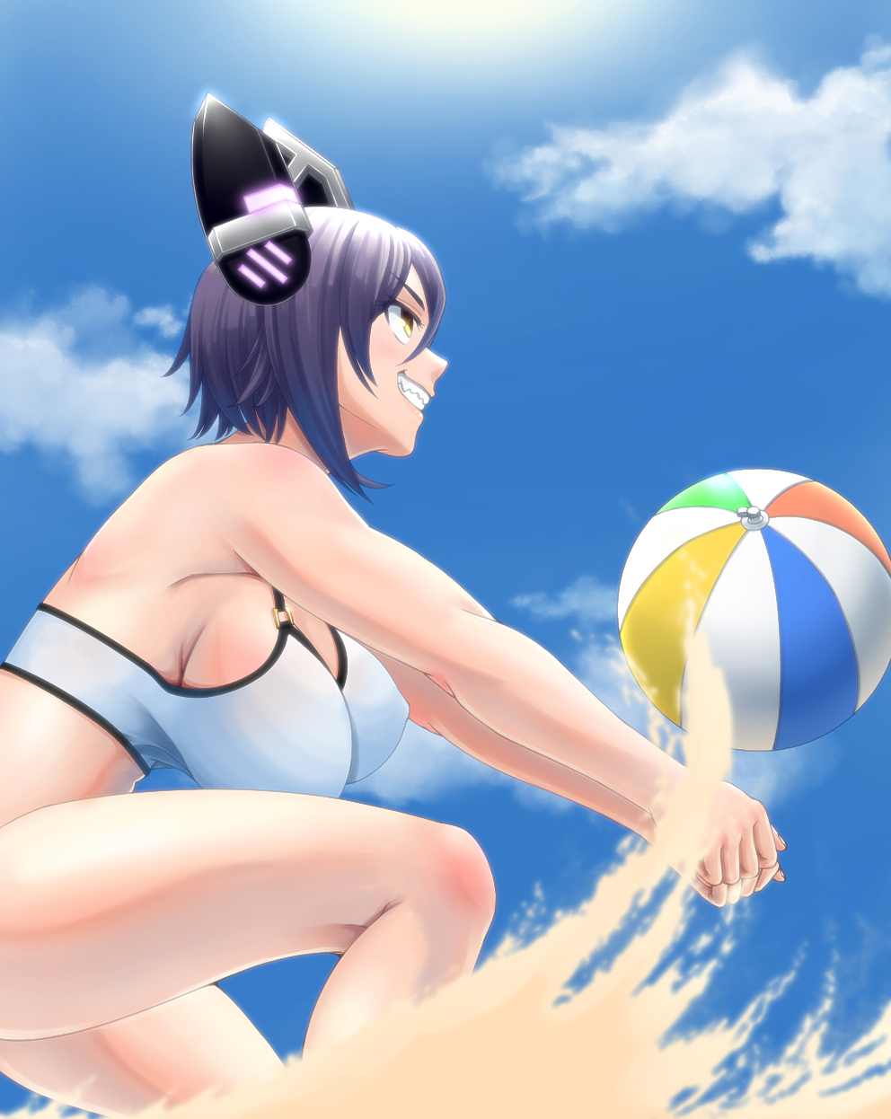 1girl, ball, bare_shoulders, beachball, bikini, bouncing_breasts, breasts, bump_(volleyball), cleavage, clouds, easy_(aqk7bdqt), erect_nipples, from_side, grin, headgear, highres, kantai_collection, purple_hair, sand, sharp_teeth, short_hair, sideboob, smile, solo, swimsuit, teeth, tenryuu_(kantai_collection), violet_eyes, volleyball, white_bikini