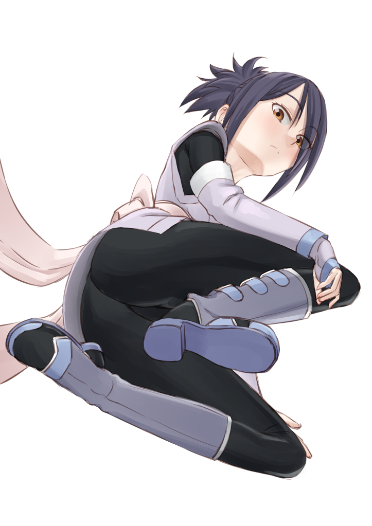 1girl, ass, black_bodysuit, black_hair, bodysuit, brown_eyes, detached_sleeves, easy_(aqk7bdqt)