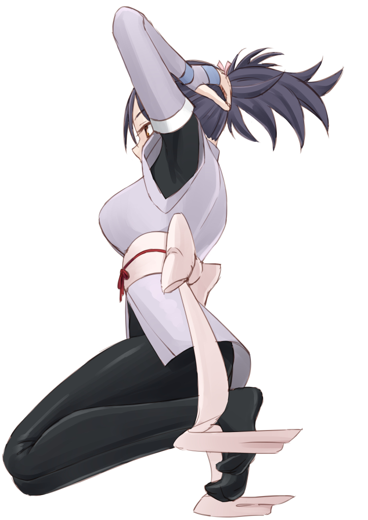 1girl, arm_behind_head, armpits, black_bodysuit, black_hair, bodysuit, breasts, brown_eyes, detached_sleeves, easy_(aqk7bdqt), fingerless_gloves, fujibayashi_shiina, full_body, gloves, hair_ribbon, hands_on_own_head, kneeling, large_breasts, long_hair, obi, pink_ribbon, ponytail, profile, purple_gloves, ribbon, sash, simple_background, solo, tales_of_(series), tales_of_symphonia, white_background