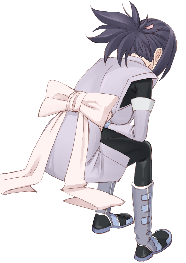 1girl, black_bodysuit, black_hair, bodysuit, detached_sleeves, easy_(aqk7bdqt), fingerless_gloves, from_behind