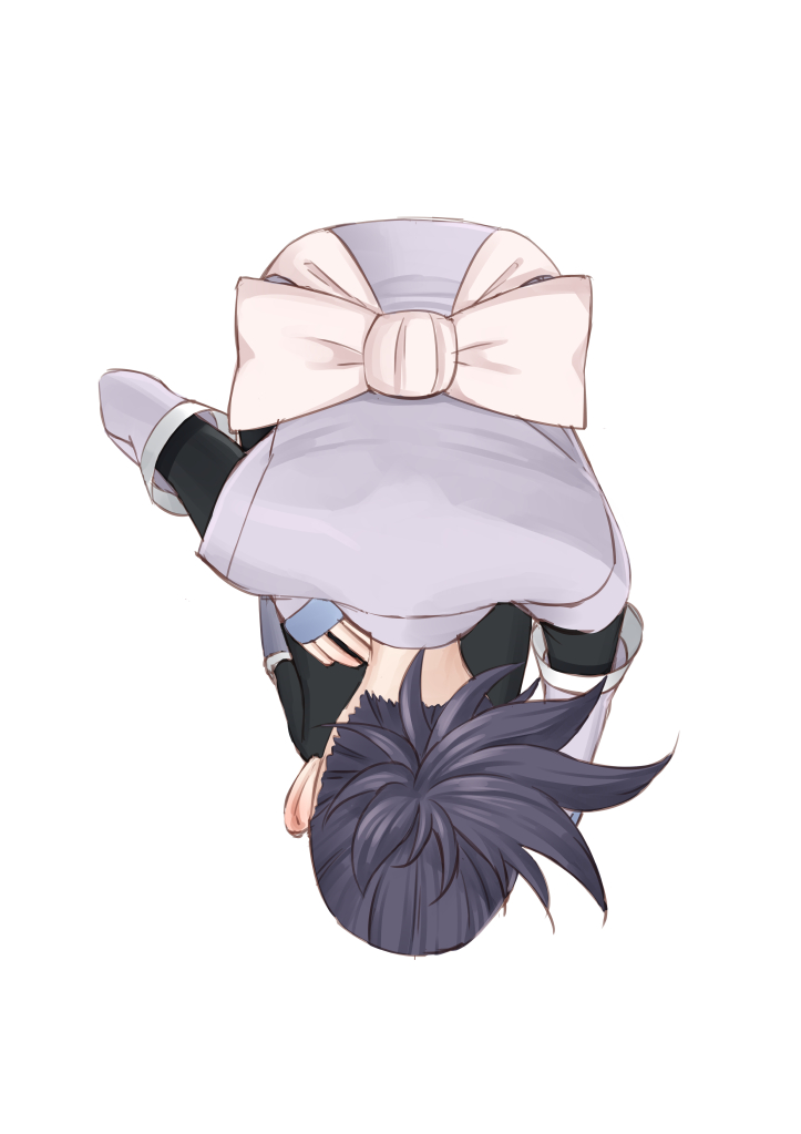 1girl, black_bodysuit, black_hair, bodysuit, detached_sleeves, easy_(aqk7bdqt), fingerless_gloves, from_above