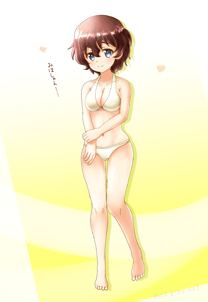 1girl, akaboshi_koume, barefoot, blue_eyes, breasts, brown_hair, cleavage, full_body