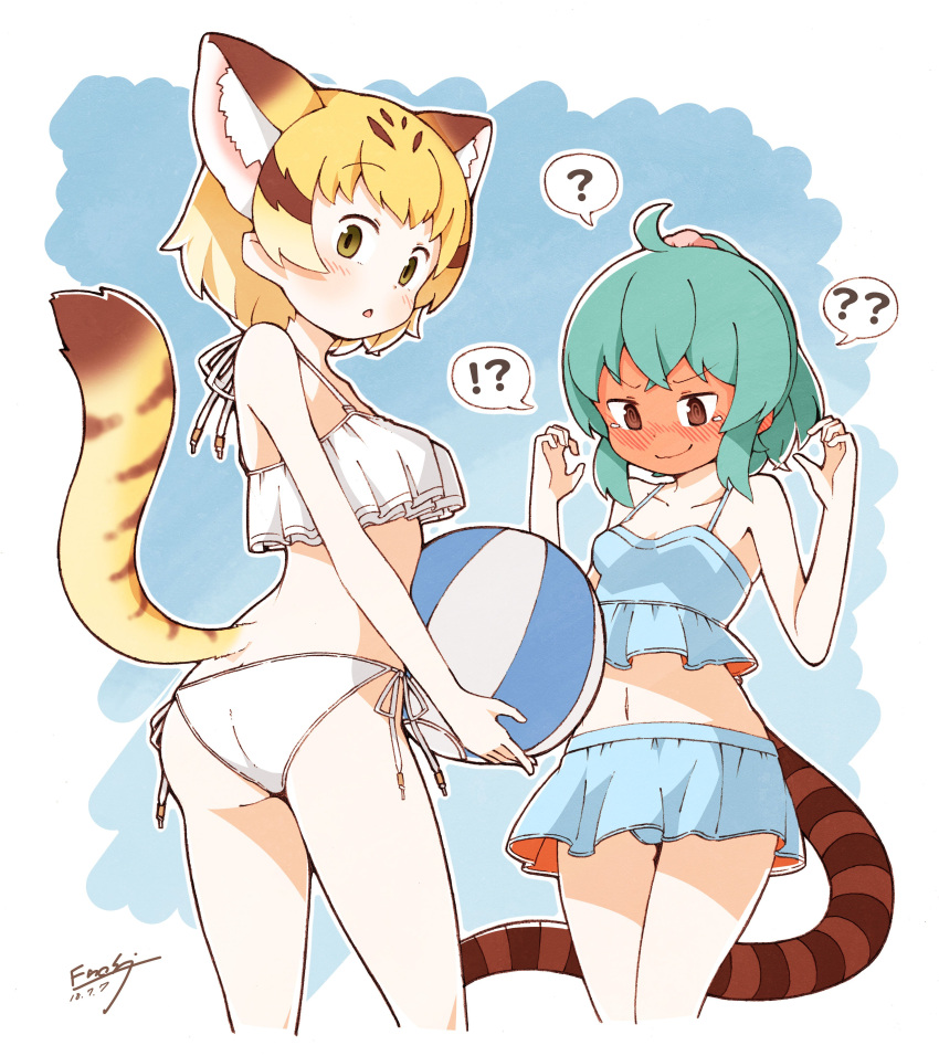 !?, 2girls, ?, ??, absurdres, alternate_costume, animal_ears, ball, bare_arms, bare_legs, bare_shoulders, beachball, bikini, bikini_day, bikini_skirt, blonde_hair, blue_hair, blush, cat_ears, cat_tail, commentary_request, enk_0822, eyebrows_visible_through_hair, full-face_blush, highres, kemono_friends, multicolored_hair, multiple_girls, nose_blush, sand_cat_(kemono_friends), short_hair, snake_tail, swimsuit, tail, tsuchinoko_(kemono_friends)