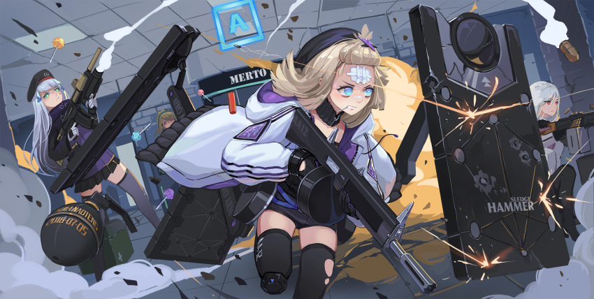 4girls, aa-12, aa-12_(girls_frontline), artist_name, assault_rifle, bandage_on_face, battle, battlefield_3