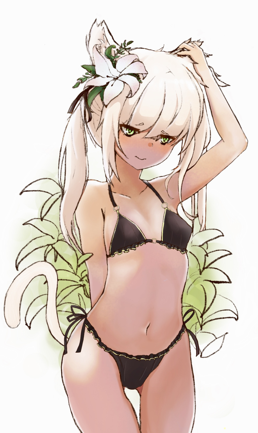 1girl, animal_ears, bikini, black_bikini, casmo, cat_ears, cat_tail, cowboy_shot, flat_chest, flower, gluteal_fold, green_eyes, hair_flower, hair_ornament, highres, leaf, long_hair, looking_down, original, side-tie_bikini, simple_background, solo, swimsuit, tail, thigh_gap, twintails, white_background, white_hair