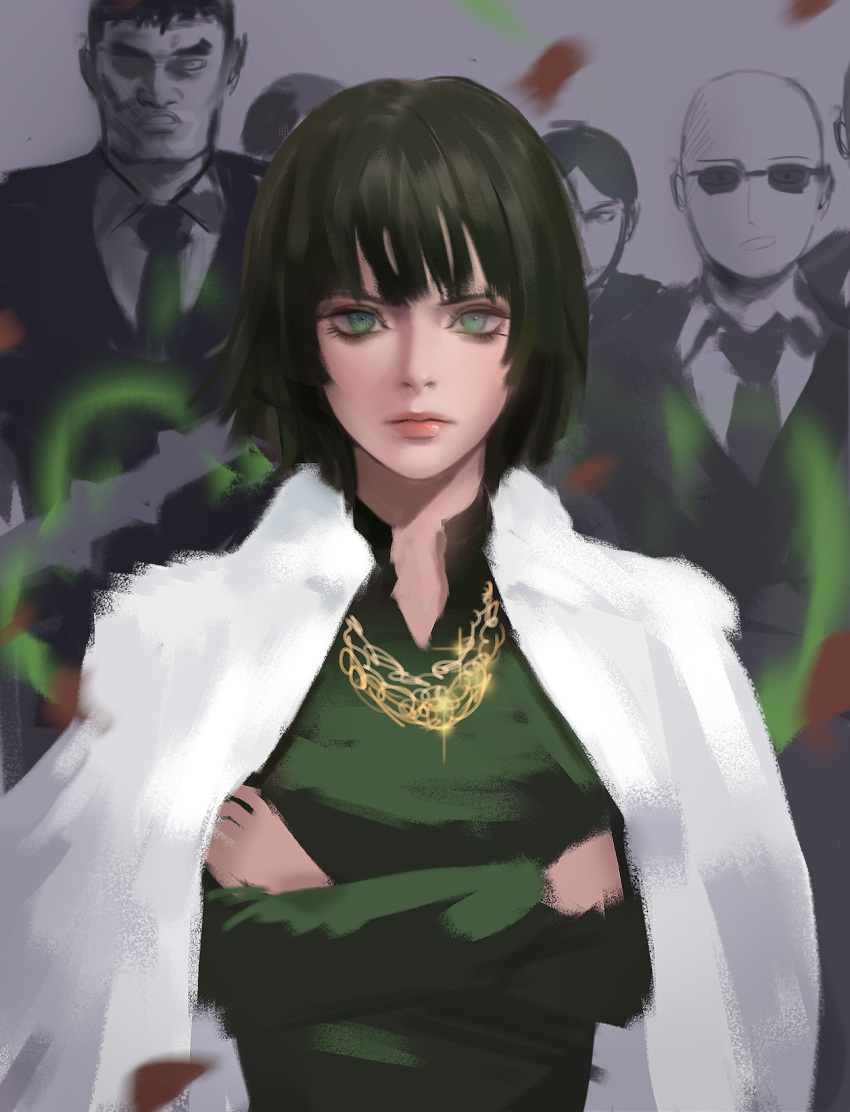 1girl, bangs, black_dress, black_hair, closed_eyes, commentary, crossed_arms, doodle