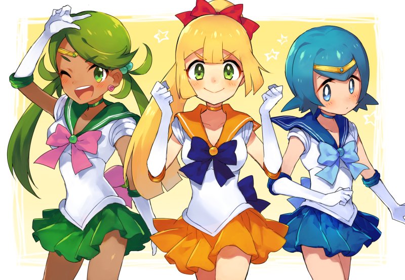 3girls, bishoujo_senshi_sailor_moon, blonde_hair, blue_bow, blue_choker, blue_eyes, blue_hair, blue_sailor_collar, blue_skirt, bow, choker, cosplay, dark_skin, earrings, gloves, green_choker, green_eyes, green_hair, green_sailor_collar, green_skirt, hair_bow, jewelry, lillie_(pokemon), long_hair, mallow_(pokemon), multiple_girls, one_eye_closed, open_mouth, orange_choker, orange_sailor_collar, orange_skirt, pink_bow, pokemon, pokemon_(game), pokemon_sm, ponytail, red_bow, sailor_collar, sailor_jupiter, sailor_mercury, sailor_mercury_(cosplay), sailor_senshi_uniform, sailor_venus, sailor_venus_(cosplay), short_hair, short_sleeves, simple_background, skirt, smile, suiren_(pokemon), syoooyu15, tiara, trial_captain, twintails, white_gloves