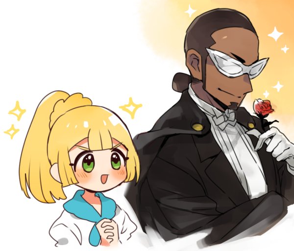 1boy, 1girl, bishoujo_senshi_sailor_moon, black_hair, blonde_hair, blush, cosplay, dark_skin