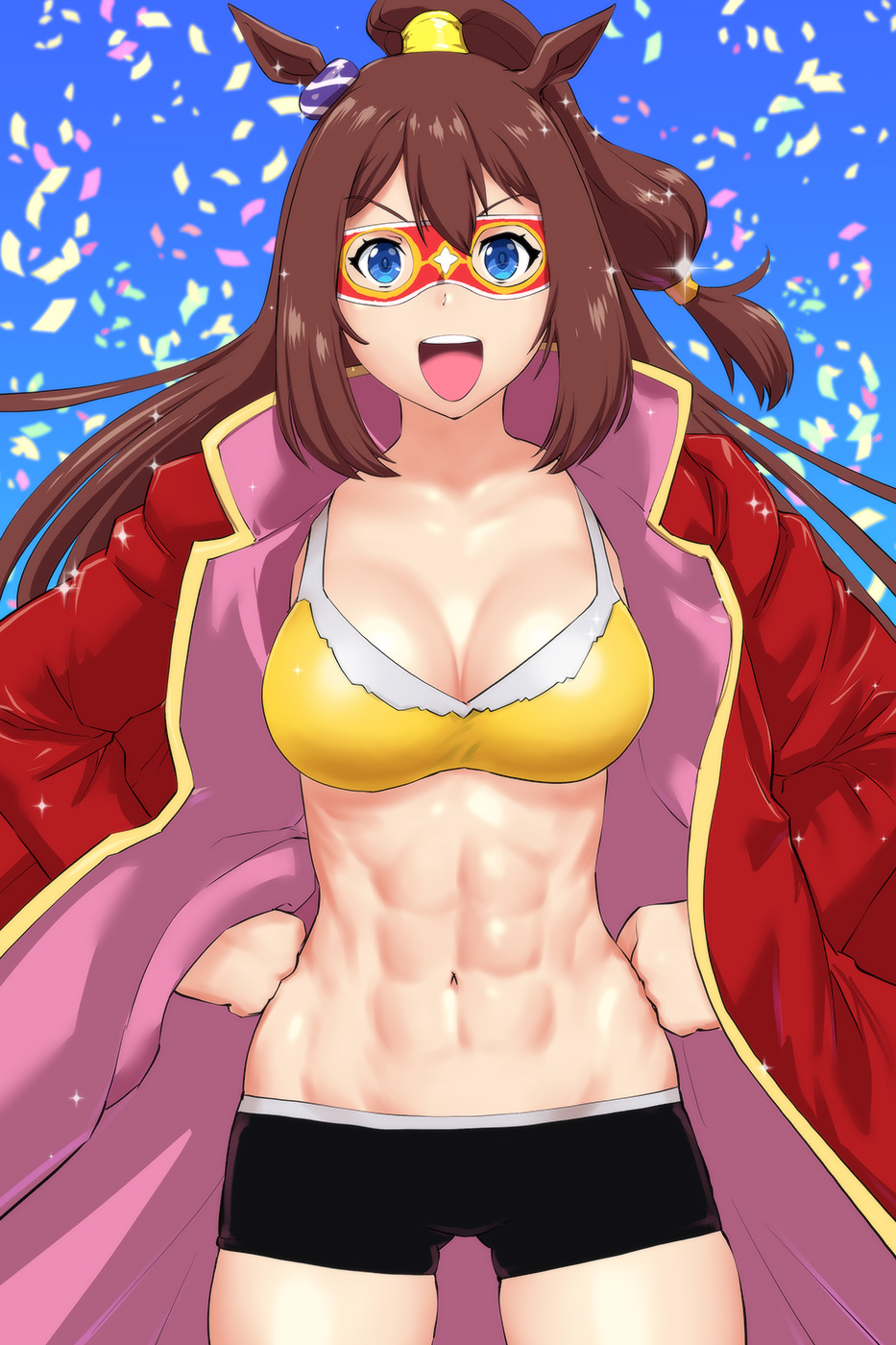 1girl, abs, animal_ears, blue_eyes, breasts, brown_hair, commentary_request, confetti, el_condor_pasa, hands_on_hips, high_ponytail, highres, horse_ears, horse_girl, jacket, large_breasts, long_hair, looking_at_viewer, mask, navel, open_mouth, ponytail, red_jacket, smile, solo, thigh_gap, toned, ueyama_michirou, umamusume