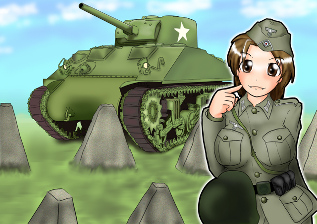 1girl, breasts, brown_eyes, brown_hair, caterpillar_tracks, clouds, day, grass, ground_vehicle, kanchuumimai, long_hair, m4_sherman, military, military_uniform, military_vehicle, motor_vehicle, original, same_hiroshi, sky, tank, uniform