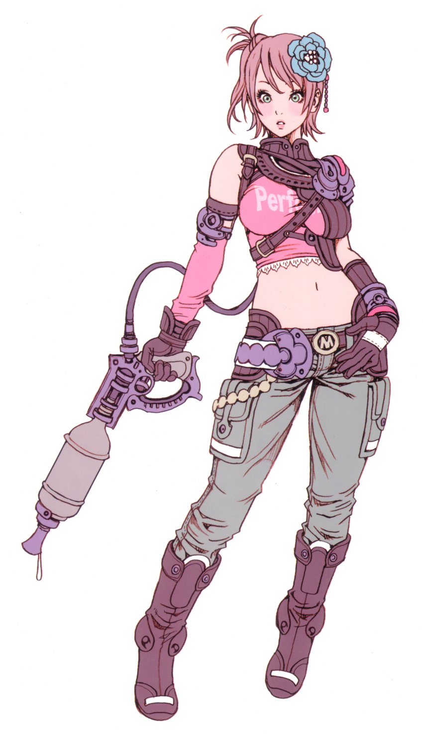 boots, brown_hair, flower, green_eyes, gun, hair_flower, hair_ornament, highres