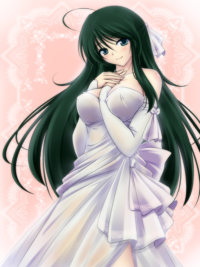breasts, dress, elbow_gloves, gloves, green_eyes, green_hair, large_breasts, long_hair