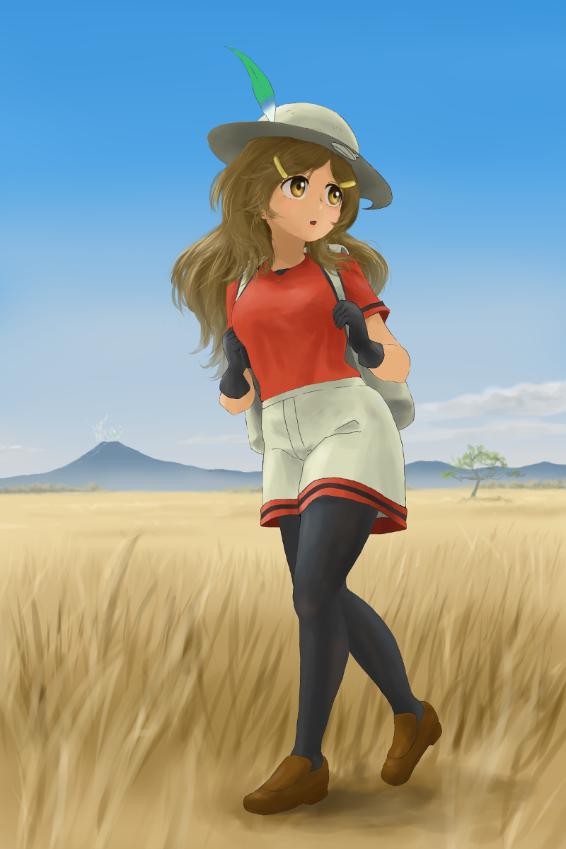 1girl, :o, backpack, bag, black_gloves, black_legwear, blue_sky, breasts