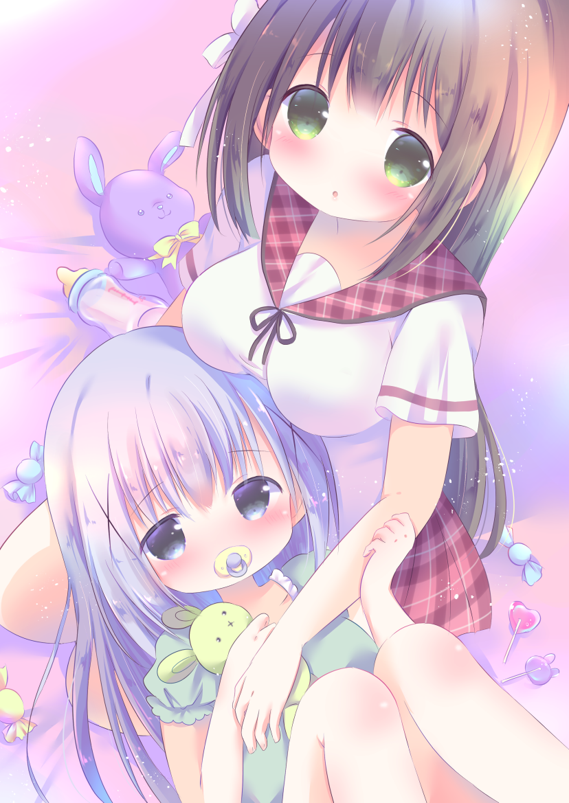2girls, :o, baby_bottle, bangs, bed_sheet, black_ribbon, blue_eyes, blue_hair