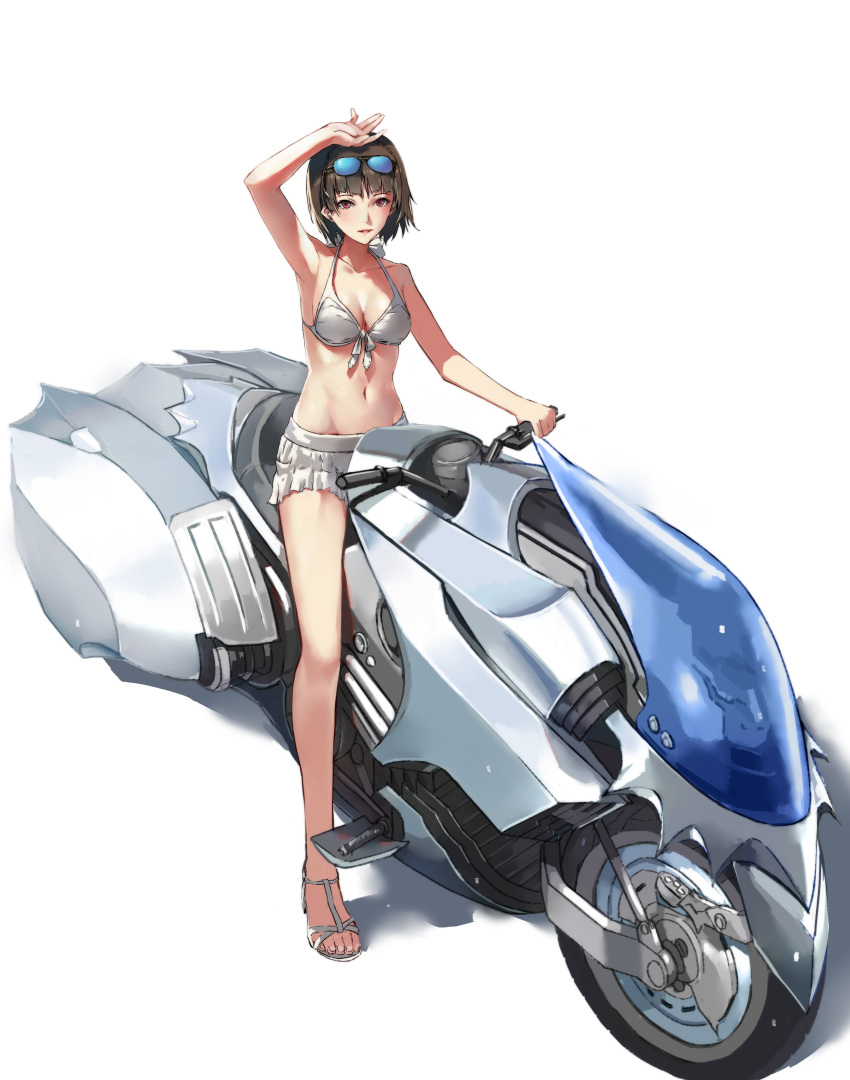 1girl, absurdres, arm_up, armpits, bikini, bikini_skirt, breasts, brown_eyes