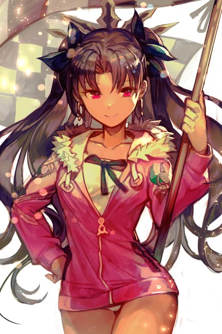 1girl, bangs, black_hair, black_ribbon, breasts, checkered, checkered_flag, collarbone