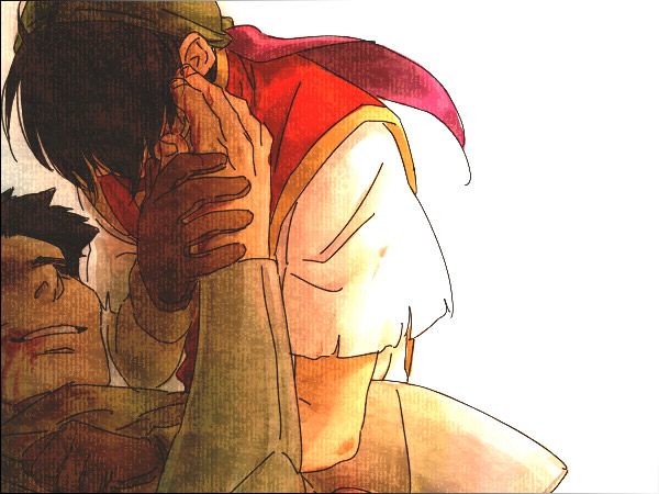2boys, bandanna, black_hair, commentary_request, father_and_son, gensou_suikoden, gensou_suikoden_i, gloves
