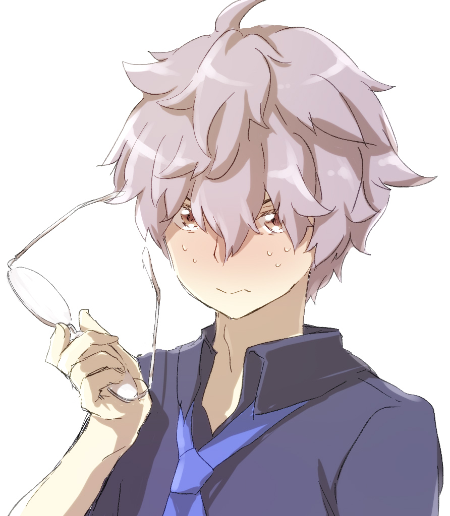 1boy, anime-gataris, blue_neckwear, closed_mouth, eyewear_removed, glasses, grey_hair, holding