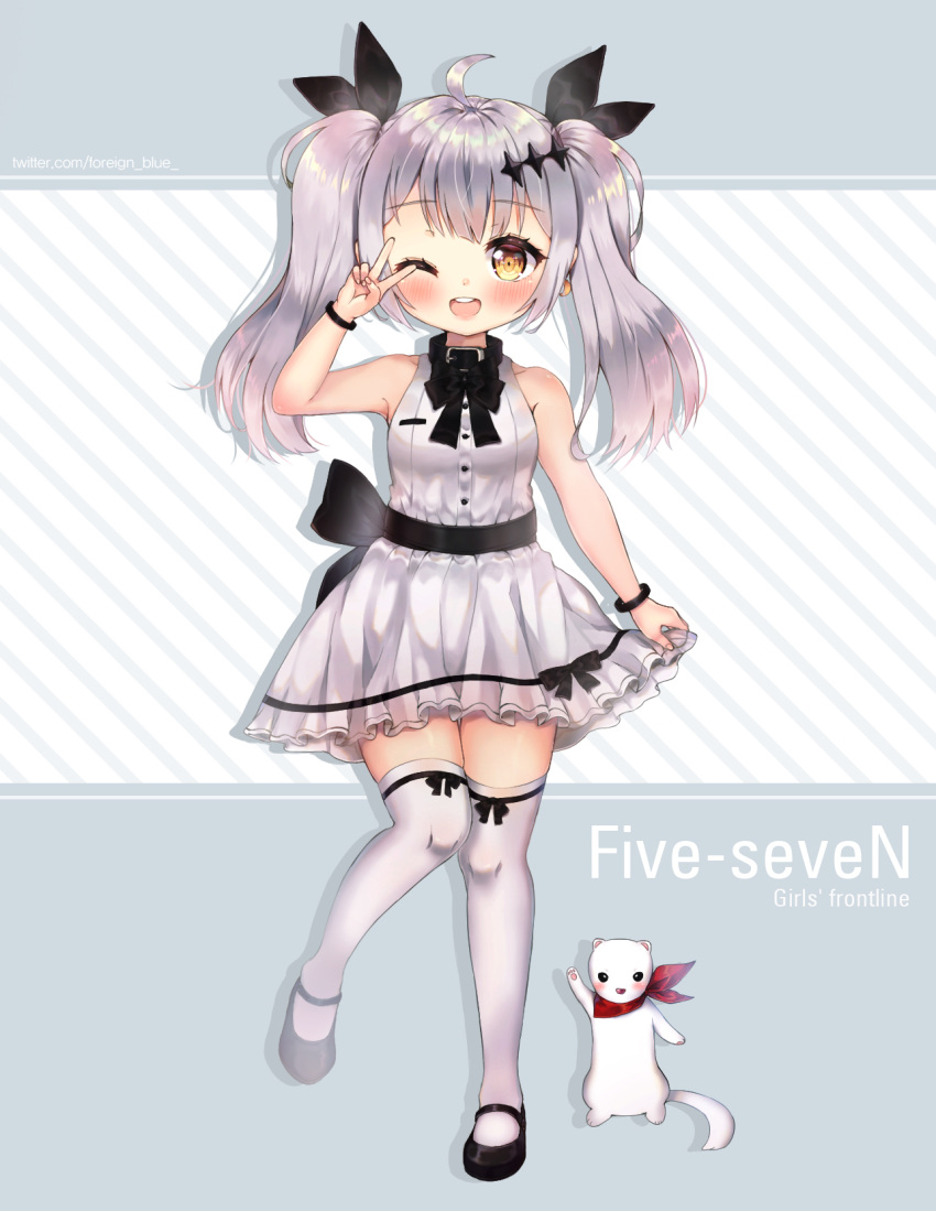 1girl, ;d, ahoge, animal, arm_up, bandanna, bare_shoulders, black_bow