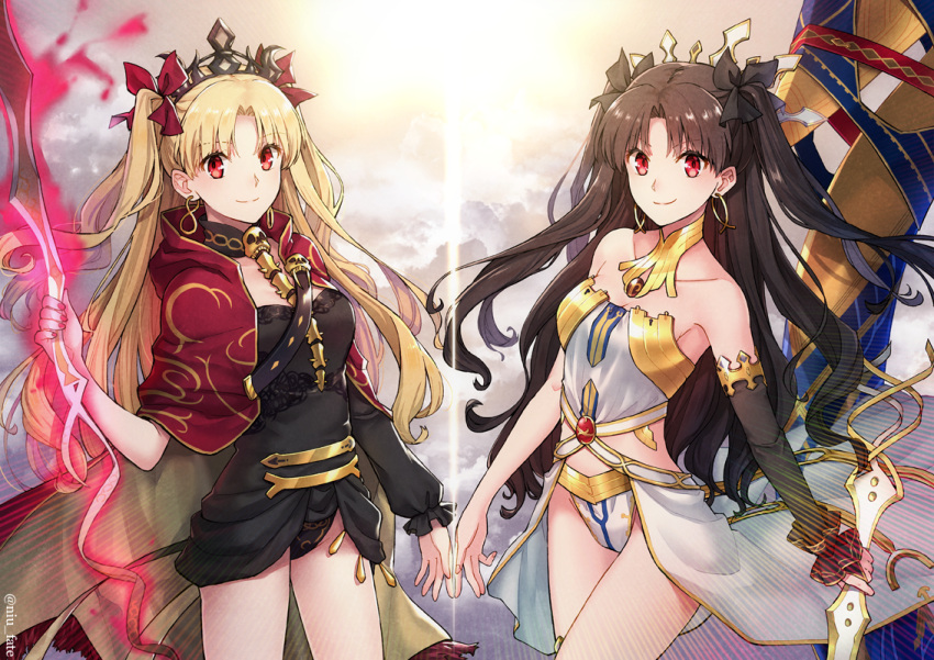 2girls, asymmetrical_sleeves, bangs, black_hair, black_leotard, black_ribbon, blonde_hair, cape, collarbone, commentary_request, earrings, ereshkigal_(fate/grand_order), fate/grand_order, fate_(series), hair_ribbon, heavenly_boat_maanna, hoop_earrings, infinity, ishtar_(fate/grand_order), jewelry, leotard, long_hair, looking_at_viewer, multiple_girls, neck_ring, niu_illuminator, parted_bangs, pixiv_fate/grand_order_contest_2, red_cape, red_eyes, red_ribbon, ribbon, siblings, single_detached_sleeve, single_sleeve, sisters, skull, smile, spine, sun, sword, tiara, two_side_up, weapon