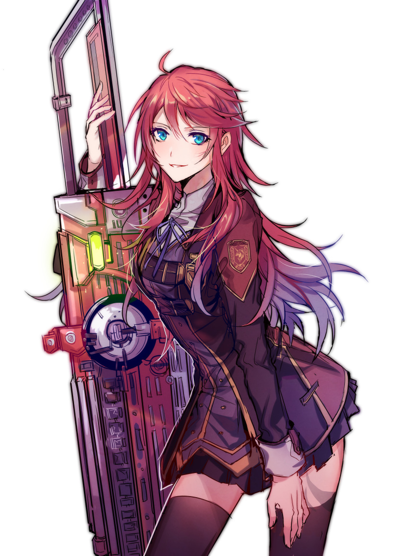 1girl, absurdres, ahoge, ao_no_kiseki, black_legwear, blue_eyes, breasts, chainsaw