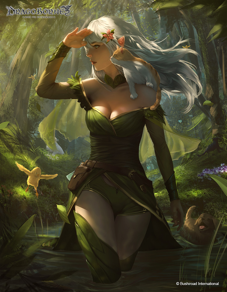1girl, bare_shoulders, bird, blue_eyes, boots, breasts, cat, cleavage, closed_mouth, detached_collar, dog, dragoborne, fantasy, flower, forest, hair_flower, hair_ornament, hand_to_forehead, large_breasts, lips, long_hair, looking_to_the_side, nature, official_art, pointy_ears, raikoart, solo, strapless, thigh-highs, thigh_boots, walking, water, watermark, white_hair