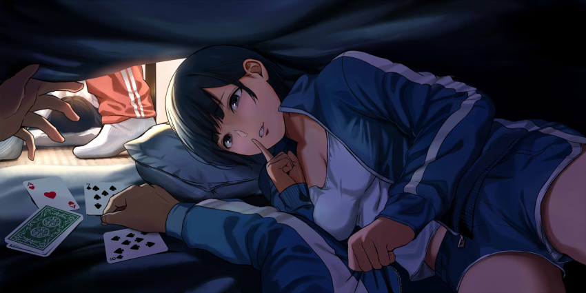 bangs, bed_sheet, black_hair, breasts, card, clenched_hand, commentary_request, eyebrows_visible_through_hair