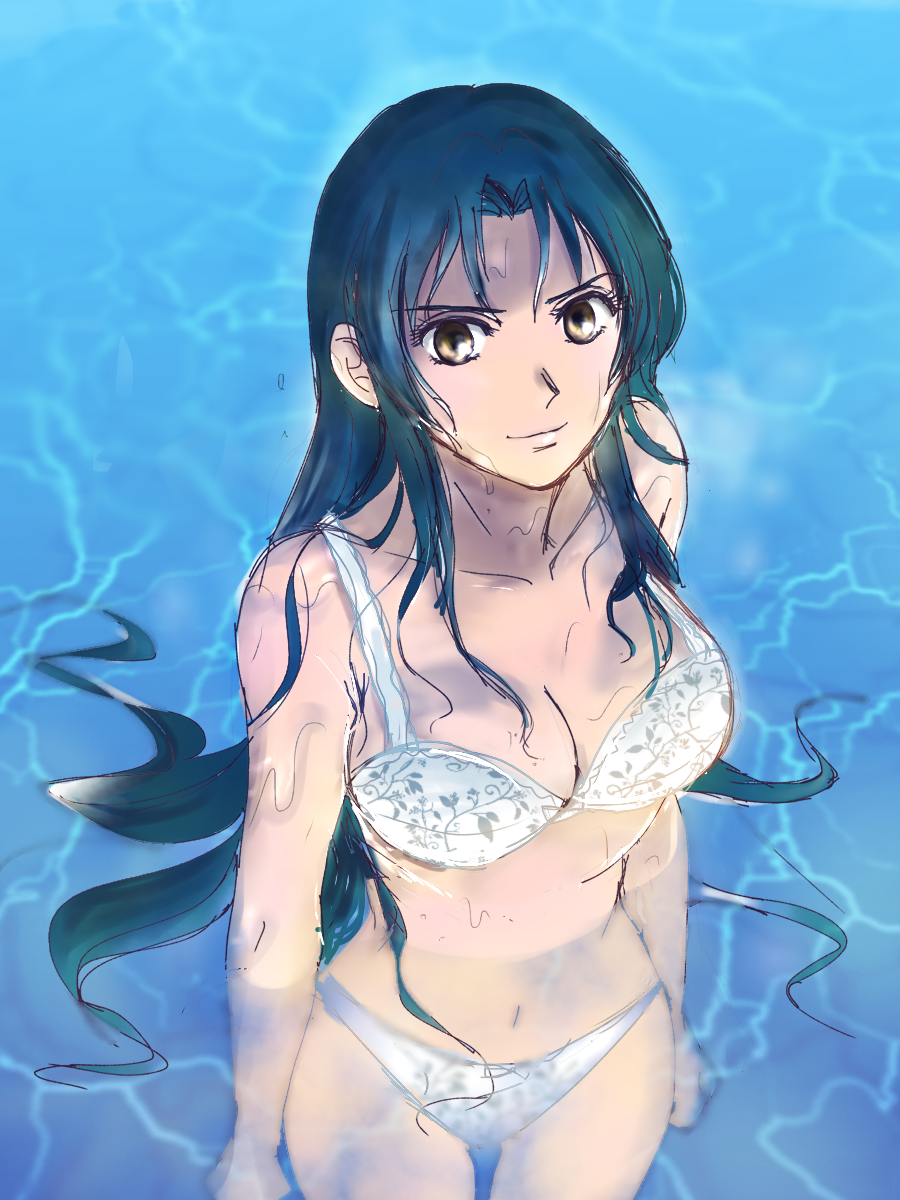 1girl, bangs, blue_hair, bra, breasts, brown_eyes, chidori_kaname, cleavage, collarbone, full_metal_panic!, full_metal_panic!_invisible_victory, highres, long_hair, looking_at_viewer, medium_breasts, navel, panties, parted_bangs, partially_submerged, pikka, underwear, underwear_only, wet, wet_hair, white_bra, white_panties