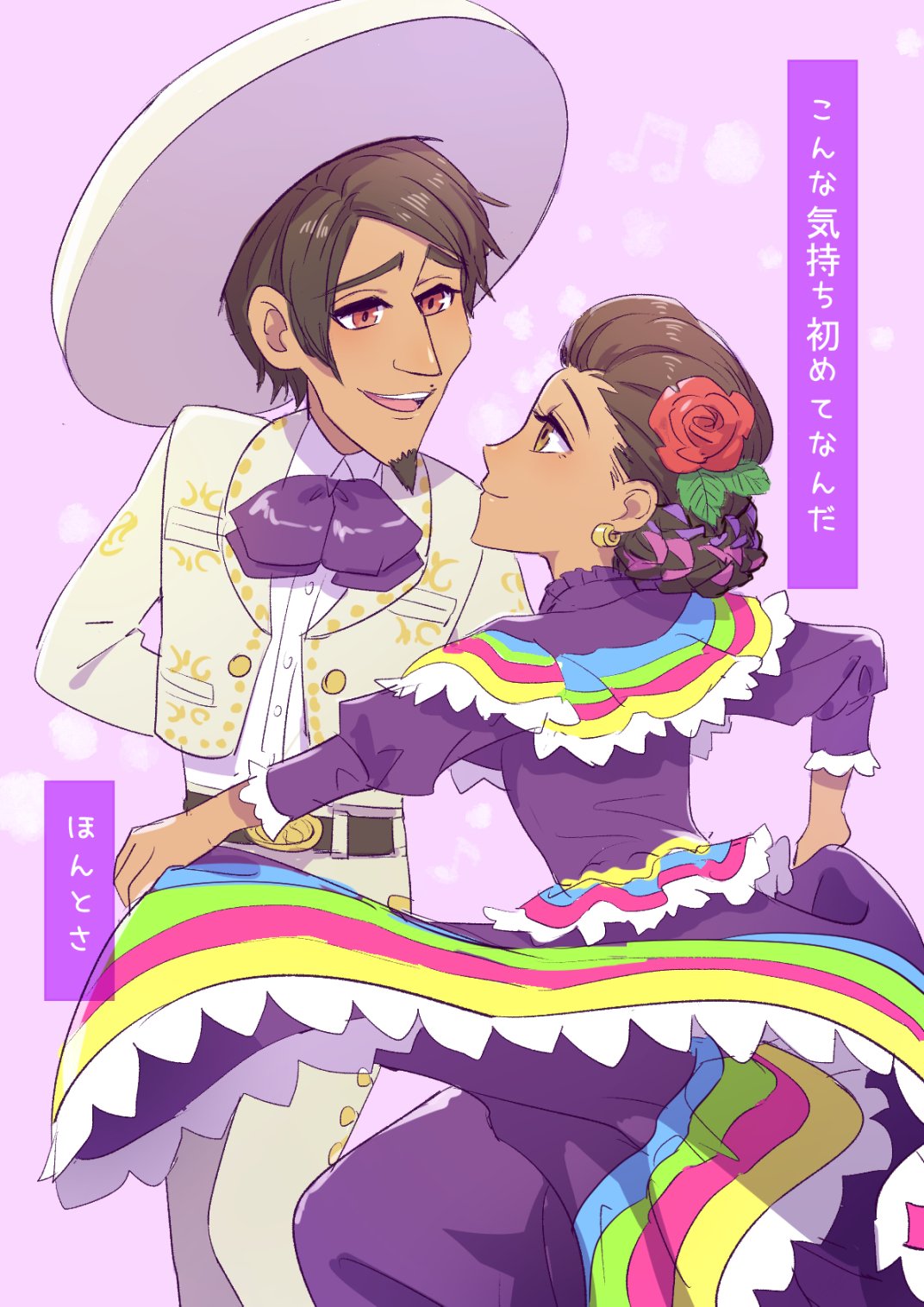 1boy, 1girl, black_hair, bow, braid, braided_bun, brown_eyes, charro