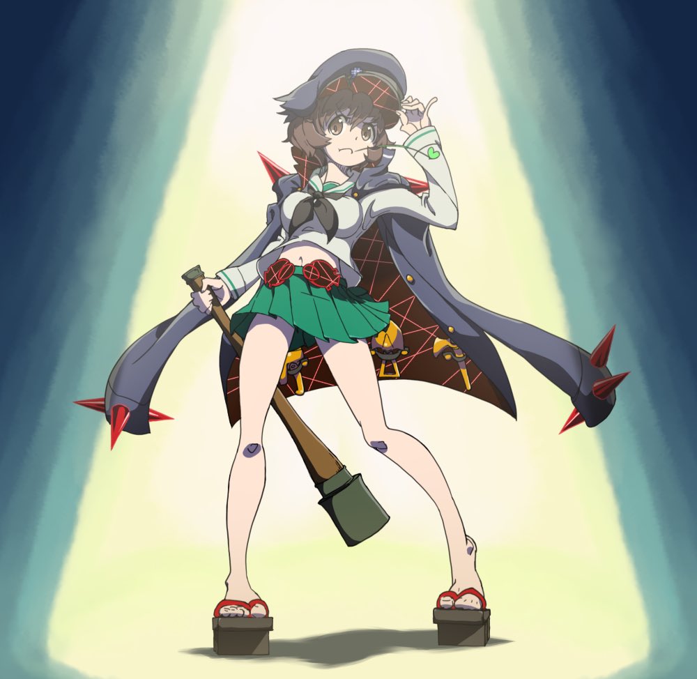 1girl, :i, adjusting_clothes, adjusting_hat, akiyama_yukari, axe, bangs, black_hat, black_jacket, black_neckwear, blouse, cabbie_hat, closed_mouth, emblem, explosive, frown, full_body, geta, girls_und_panzer, green_skirt, grenade, hat, holding, holding_weapon, jacket, jacket_on_shoulders, kill_la_kill, life_fiber, long_sleeves, looking_at_viewer, midriff, miniskirt, navel, neckerchief, ooarai_(emblem), ooarai_school_uniform, pickaxe, pleated_skirt, school_uniform, serafuku, shadow, short_hair, shovel, skirt, solo, spikes, spotlight, stalk_in_mouth, standing, stick_grenade, v-shaped_eyebrows, wani02, weapon, white_blouse