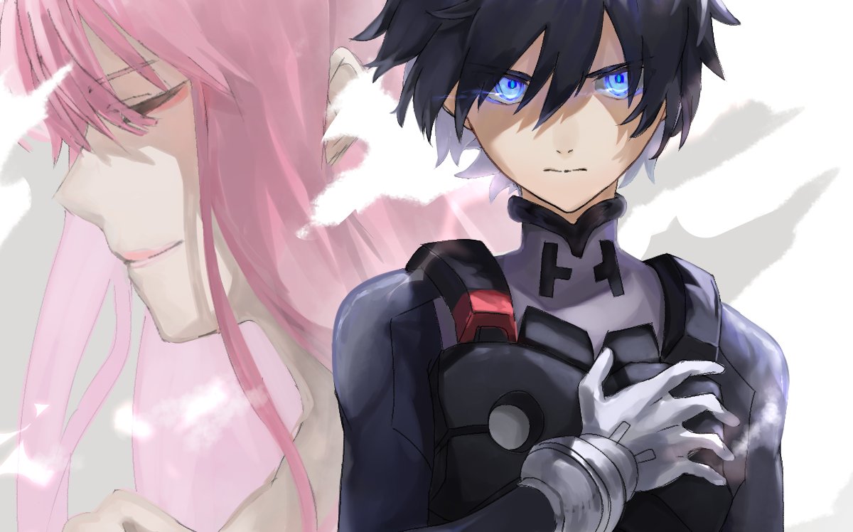 1boy, 1girl, bangs, black_bodysuit, black_hair, blue_eyes, bodysuit, closed_eyes