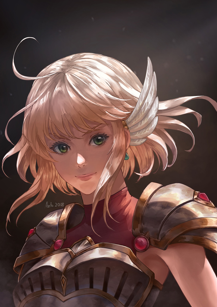 1girl, armor, artist_name, aztodeus, black_background, blonde_hair, breastplate, earrings, feathers, fire_emblem, fire_emblem:_thracia_776, green_eyes, hair_feathers, highres, jewelry, lips, nanna_(fire_emblem), portrait, short_hair, smile, solo