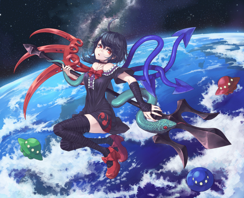 1girl, adapted_costume, ahoge, asymmetrical_wings, bare_shoulders, black_choker, black_gloves, black_hair