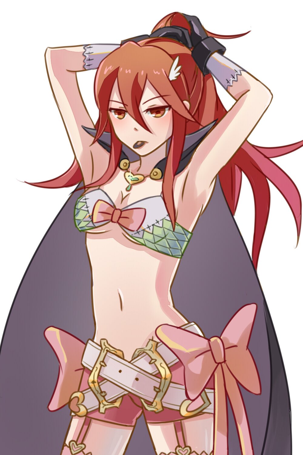 1girl, arms_up, belt, bow, breasts, cape, cleavage, cosplay, fire_emblem, fire_emblem:_kakusei, fire_emblem_heroes, highres, hraaat, long_hair, midriff, navel, nowi_(fire_emblem), nowi_(fire_emblem)_(cosplay), pink_bow, ponytail, red_eyes, redhead, simple_background, small_breasts, solo, cordelia_(fire_emblem), white_background, white_belt