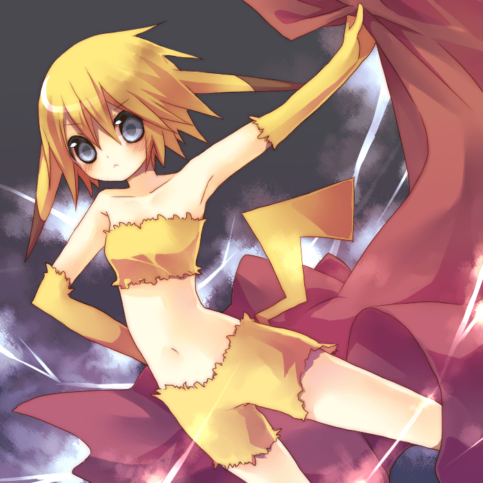 :<, blonde_hair, costume, elbow_gloves, gloves, midriff, moemon, navel, nintendo, personification, pikachu, pointy_ears, pokemon, satoxpika, short_hair, silver_eyes, solo, tail