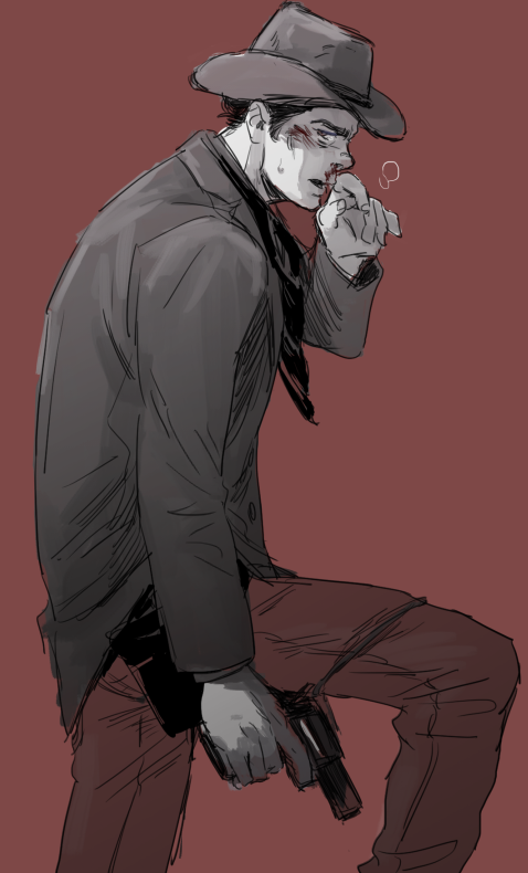 1boy, bandanna, black_hair, blood, blood_on_face, cowboy_hat, gun, hat