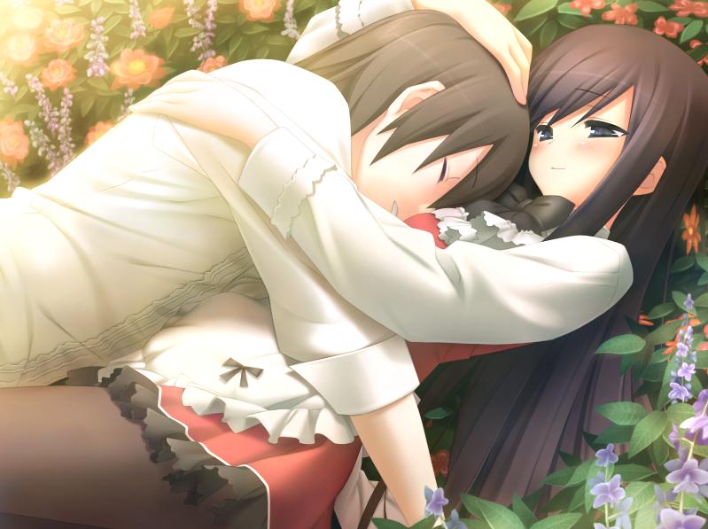 blush, flower, game_cg, garden_(game), gayarou, hug, kantoku, long_hair