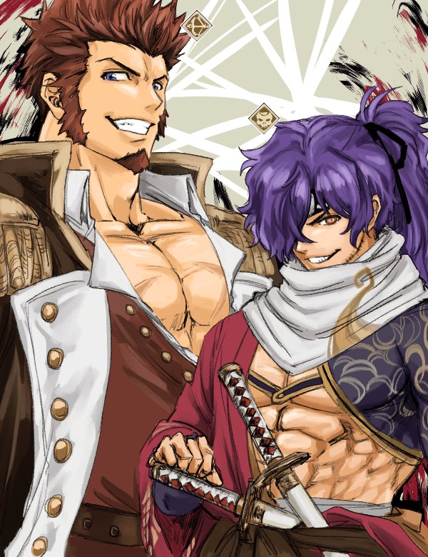 2boys, abs, archer_(lostbelt), beard, blue_eyes, brown_hair, bunkichi_(bun005), facial_hair, fate/grand_order, fate_(series), grin, japanese_clothes, koha-ace, long_hair, looking_at_viewer, male_focus, military_jacket, multiple_boys, nagatekkou, okada_izou_(fate), pectorals, ponytail, purple_hair, scarf, sideburns, smile, sword, upper_body, weapon, white_scarf, yellow_eyes