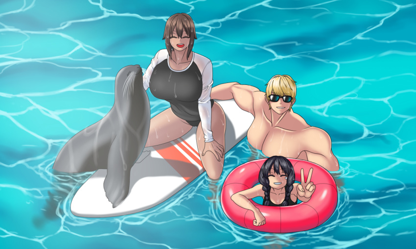 1boy, 2girls, couple, family, innertube, mk001black, ocean, original, seal, self_upload, surfboard, swimming, swimsuit, tagme