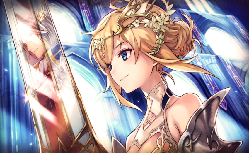 1boy, 1girl, blue_eyes, breasts, cathedral, cleavage, cleavage_cutout, dare_ga_tame_no_alchemist, different_reflection, dress, flower, game_cg, hair_flower, hair_ornament, hair_up, highres, kanon_(dare_ga_tame_no_alchemist), light, light_rays, official_art, reflection, remembering, shoulder_armor, smile, strapless, strapless_dress, sunbeam, sunlight, sword, weapon, zain_(dare_ga_tame_no_alchemist)