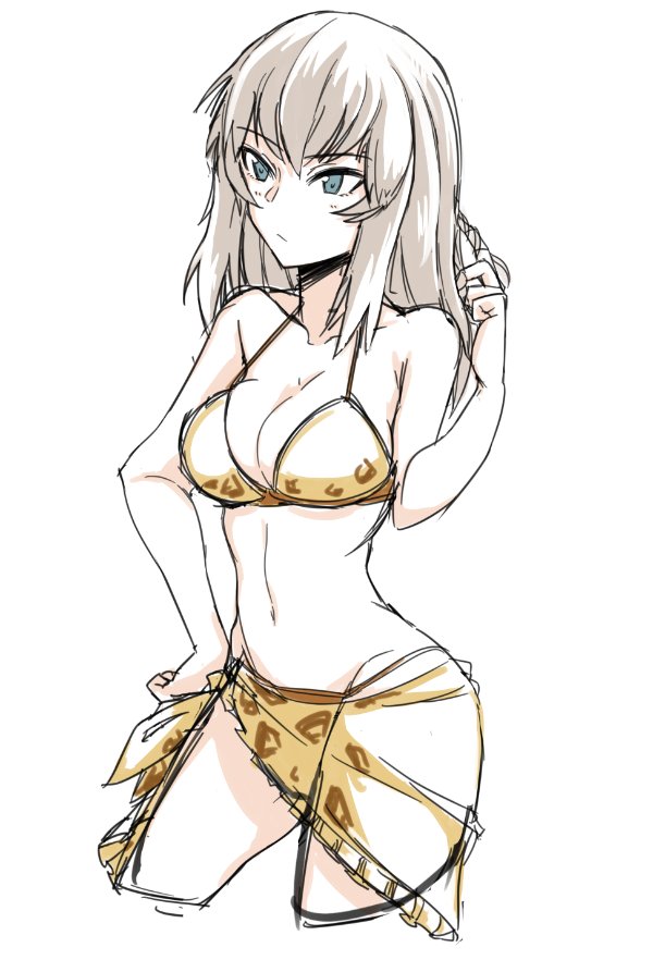 1girl, animal_print, bangs, bikini, blue_eyes, breasts, brown_bikini, brown_sarong, closed_mouth, commentary, cowboy_shot, cropped_legs, eyebrows_visible_through_hair, girls_und_panzer, hand_on_hip, itsumi_erika, leopard_print, light_frown, long_hair, looking_to_the_side, medium_breasts, muted_color, playing_with_own_hair, print_bikini, saku_(saku1151), silver_hair, simple_background, solo, standing, string_bikini, swimsuit, white_background