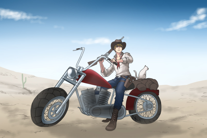 1boy, cat, desert, ground_vehicle, gun, male_focus, mk001black, motor_vehicle, motorcycle, original, self_upload, shotgun, solo, weapon, western